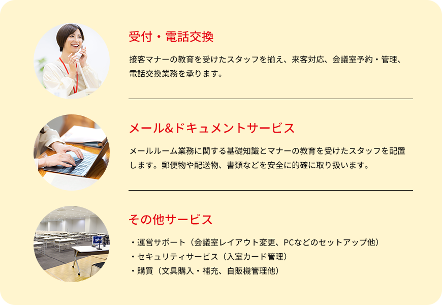 受付・電話交換 メール&ドキュメントサービス その他サービス